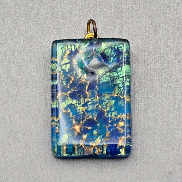 Murano Dichroic Glass Pendant 1.25 x.75" Blue Green Foil Gold-Tone Bail - Picture 5 of 5